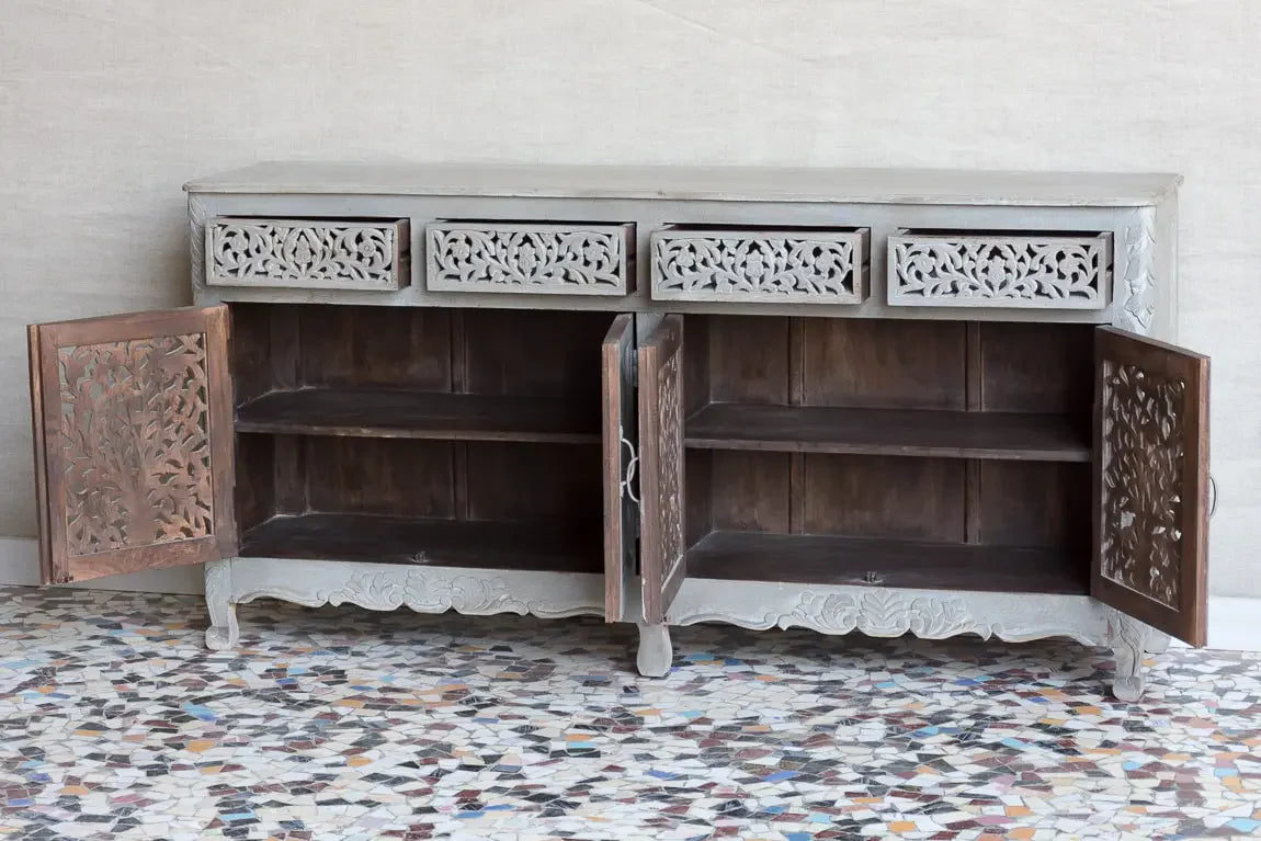 Beautiful Hand-Carved Indian Sideboard in Soft Gray
