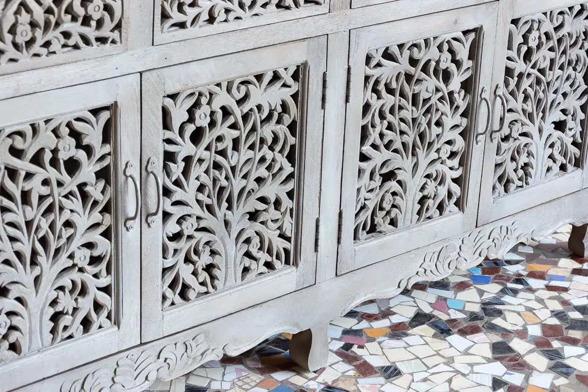 Beautiful Hand-Carved Indian Sideboard in Soft Gray