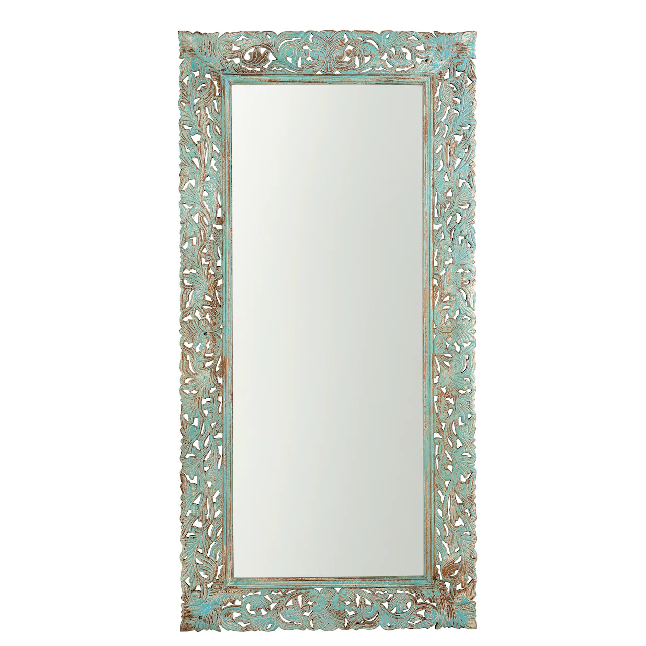 Elegant Aqua Floral Carved Full-Length Mirror