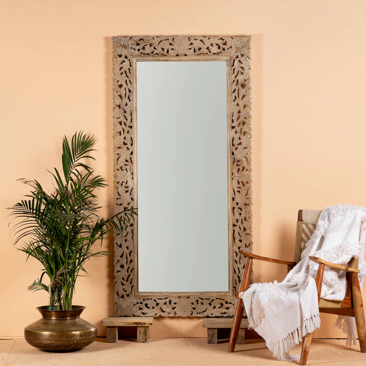 Elegant Aqua Floral Carved Full-Length Mirror