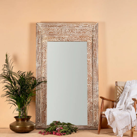 Full-Length Rustic Tribal Carved Mirror