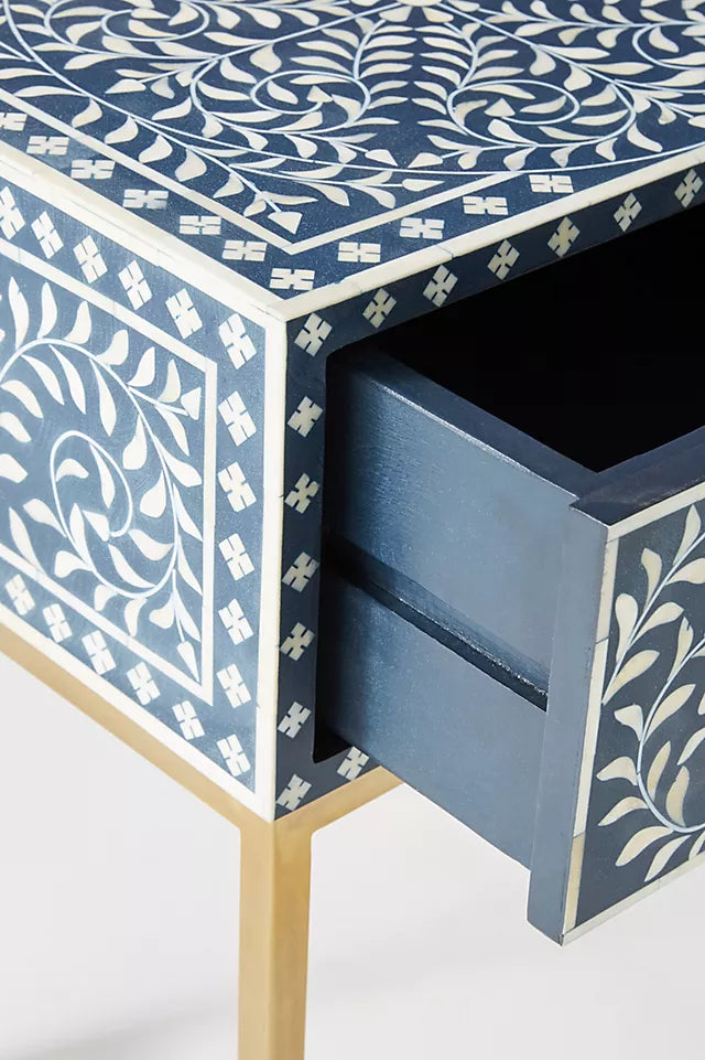 Blue Floral Bone Inlay Nightstand with Gold Metal Frame
