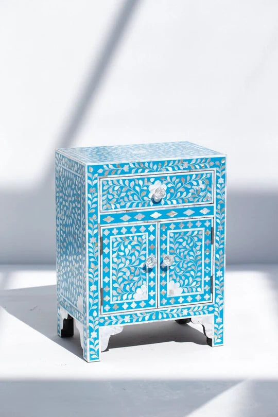 Vibrant Handcrafted Blue Side Table with Intricate Inlay Design