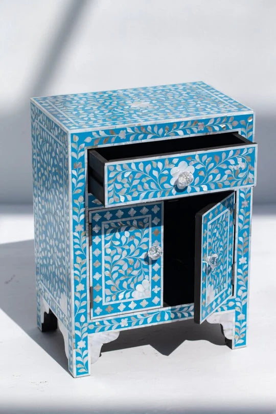 Vibrant Handcrafted Blue Side Table with Intricate Inlay Design