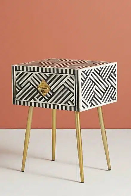 Geometric Bone Inlay Side Table with Brass Accents