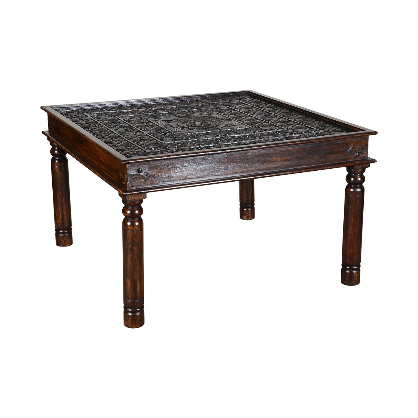 Rustic Intricate Carved Wooden Coffee Table
