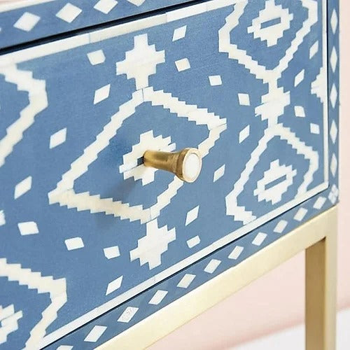 Bohemian Chic Blue Patterned Side Table with Gold Frame