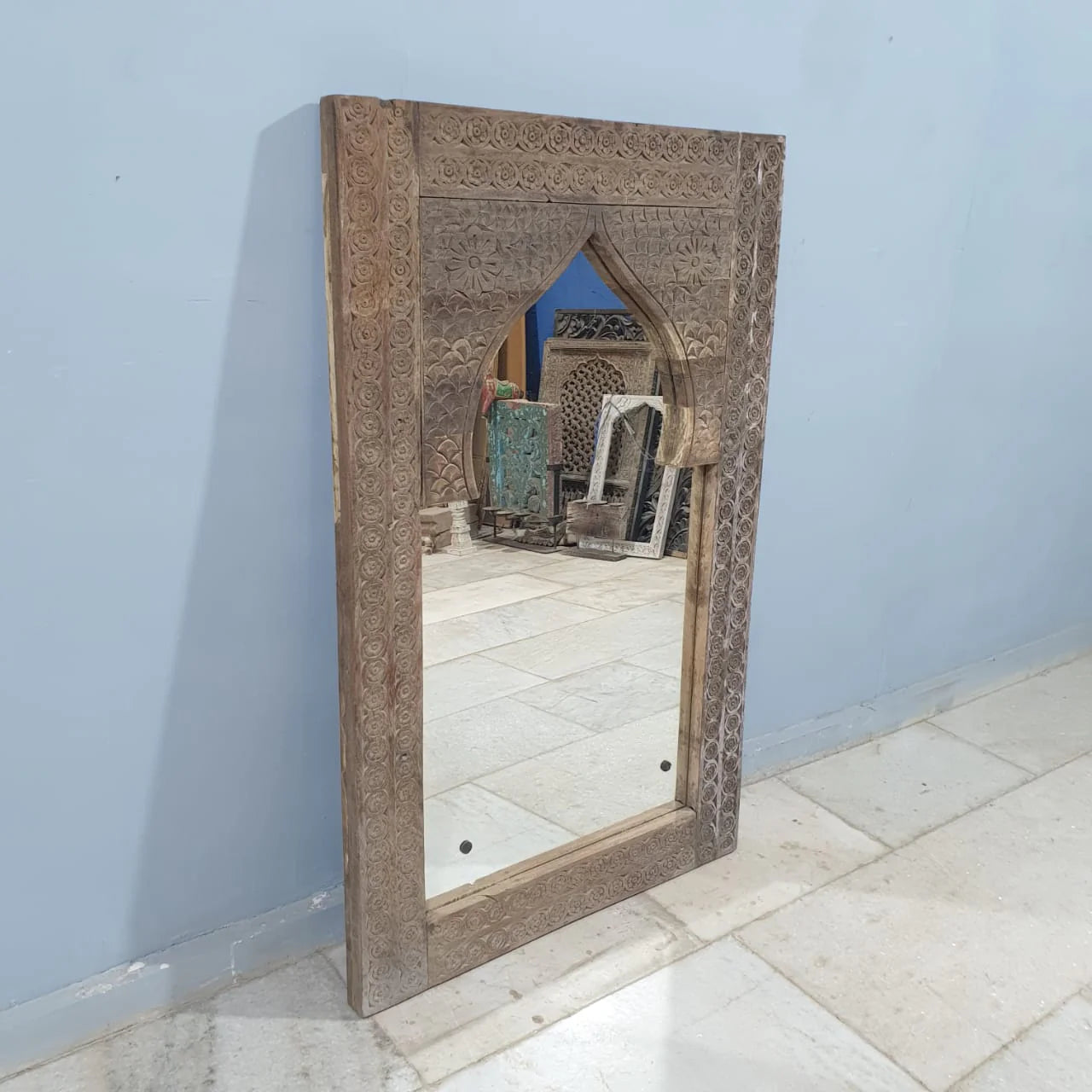Handmade Indian Furniture Solid Hard Wood Mirror Frame Mehrab Carvings Old Door