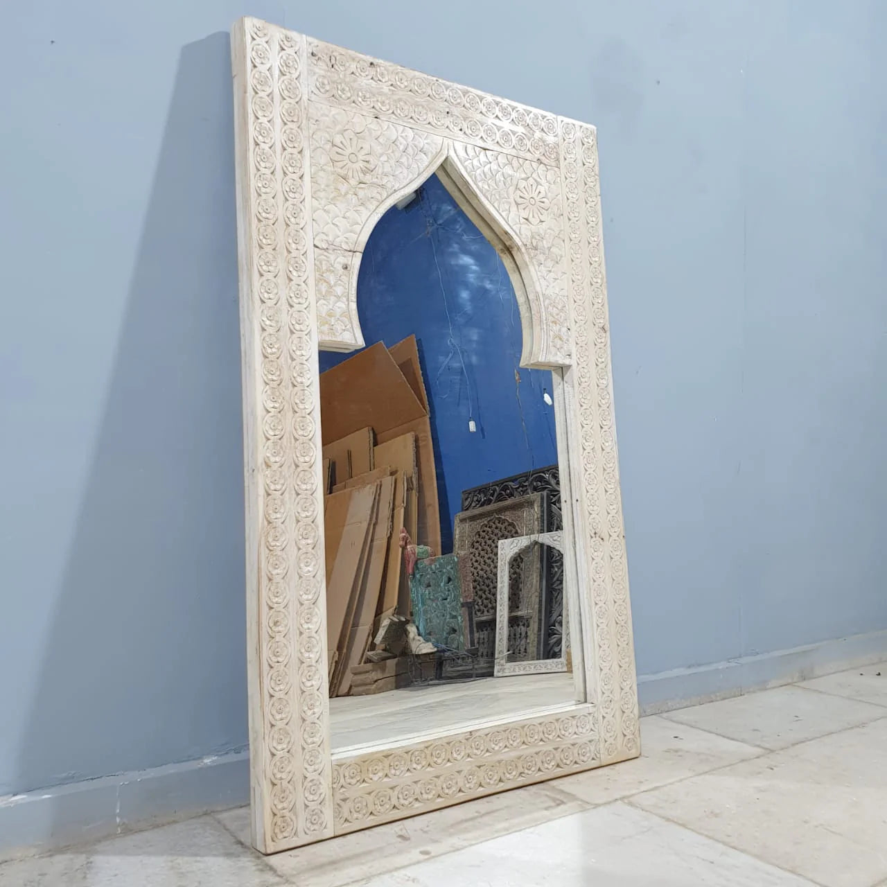 Handmade Indian Furniture Solid Hard Wood Mirror Frame Mehrab Carvings Old Door