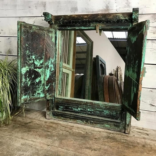 Indian Antique Old Door Window Shutter Mirror Frame