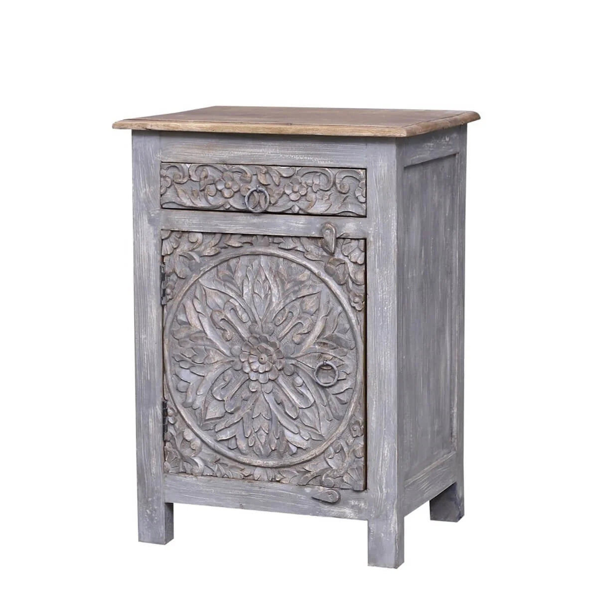 Dynasty Hand Carved Indian Wood Single Drawer Side Table