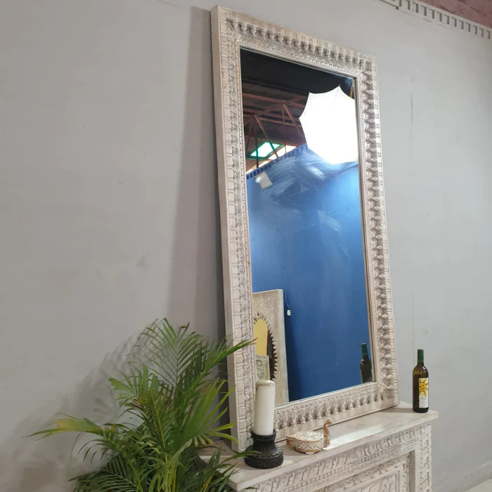 Handcrafted Indian Furniture Carved Solid Hard Wood Oriental Style Mirror Frame White