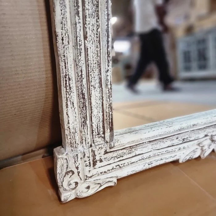 Handcrafted Carved Solid Wood Indian Furniture Mirror Frame Rustic White