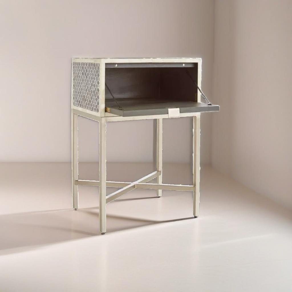 Elegant Bone Inlay Side Table with Silver Frame
