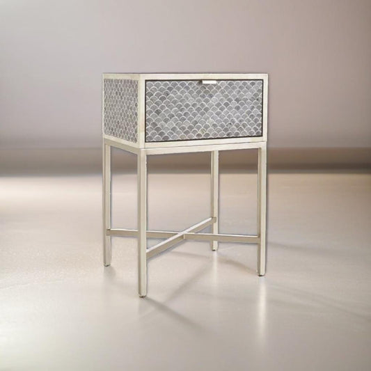 Elegant Bone Inlay Side Table with Silver Frame