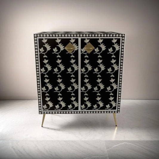Elegant Noir Floral Bone Inlay Cabinet