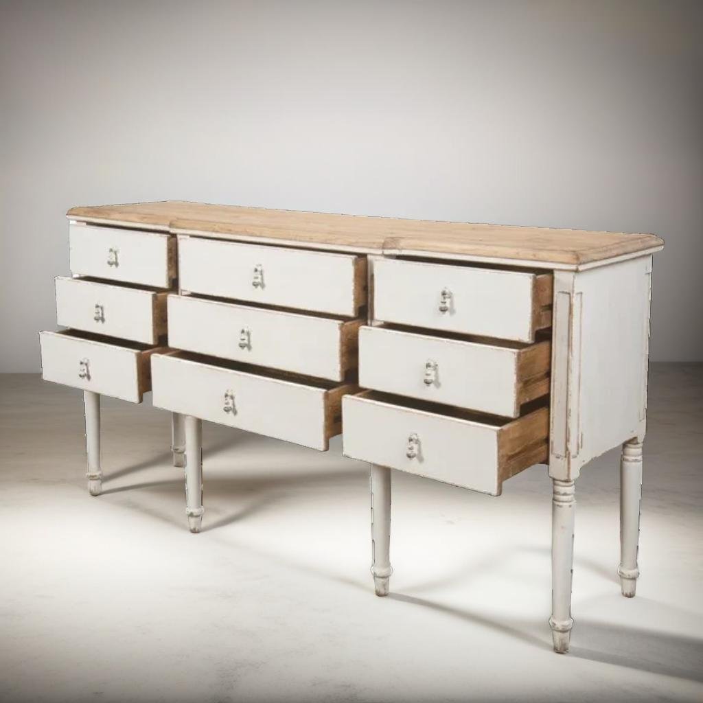 White 9-Drawer Buffet Table - Classic Shabby Chic Style